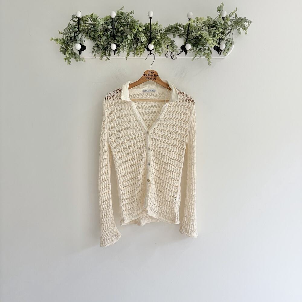 Zara Pointelle crochet Cardigan In Beige Polo Collar Open Knit Medium AA 6098